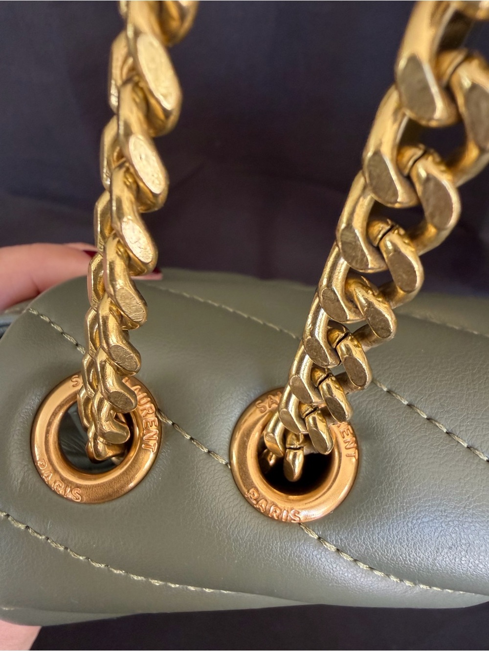 Quilted Chevron Shoulder Bag in Olive Green with Gold Hardware - Picture 3 of 11